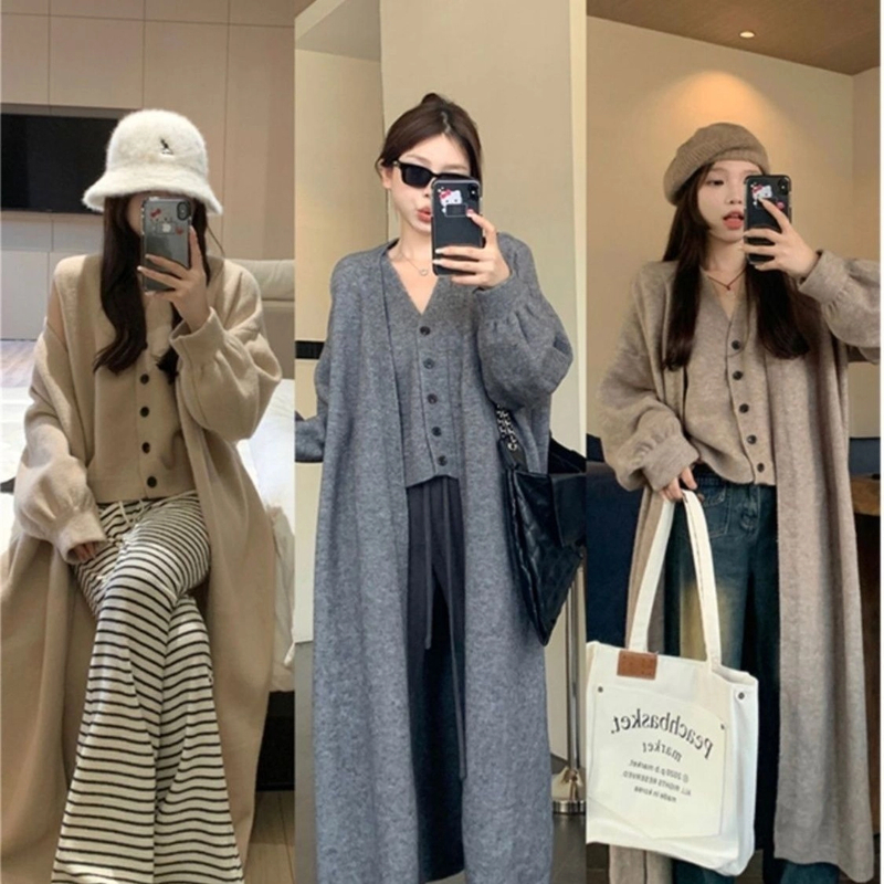 韩版宽松中长款开衫两件套女秋季新款时尚显瘦慵懒风针织背心套装
