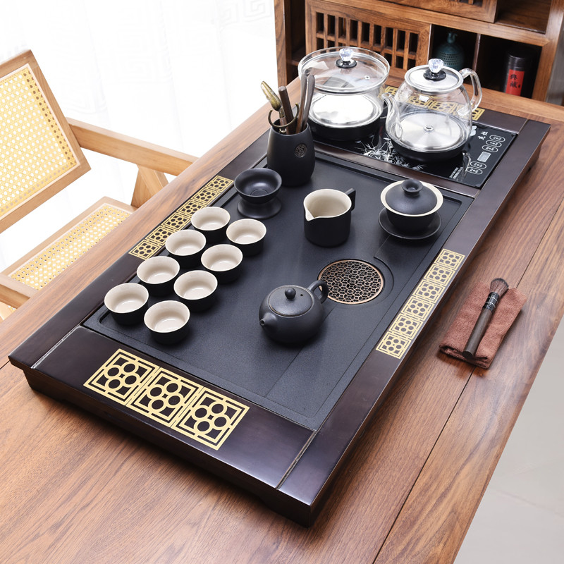 初然茶具套装家用全自动实木茶盘喝陶瓷功夫整套电磁炉石茶台一体