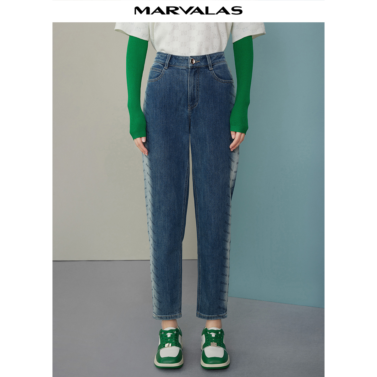 【小春子】曼德诗渐变复古牛仔裤春季印花直筒裤M103300714