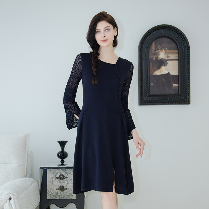 B20214247宽松打底商务通勤连衣裙藏青显瘦连衣裙气质秋季高腰