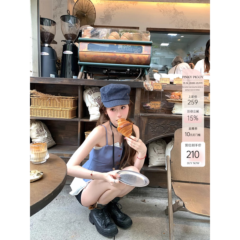 八盖pinky piggy 夏日革命 气质假两件衬衣拼接吊带收腰别致上衣