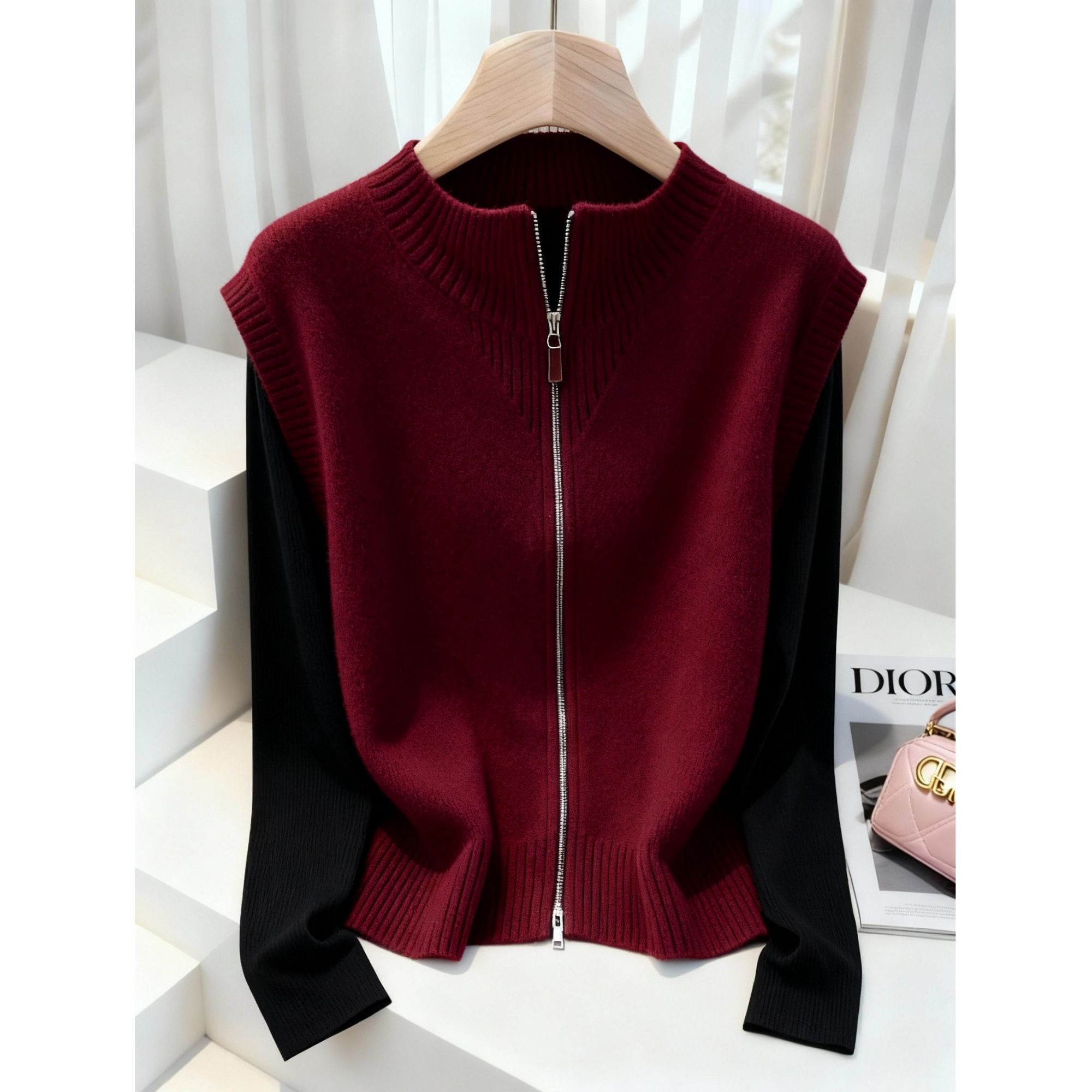 2025冬季新款洋气复古时尚气质女装显瘦马甲长袖打底衫两件套爆款