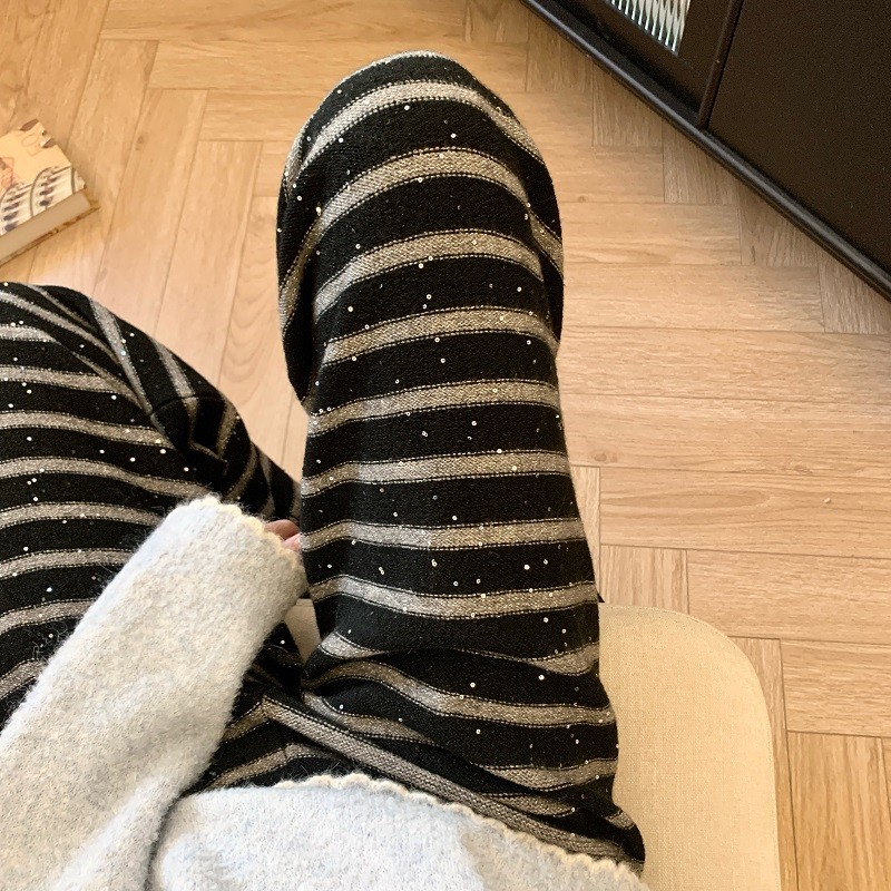 慵懒风撞色条纹针织阔腿裤女秋冬新款重工闪闪亮片时尚百搭休闲裤