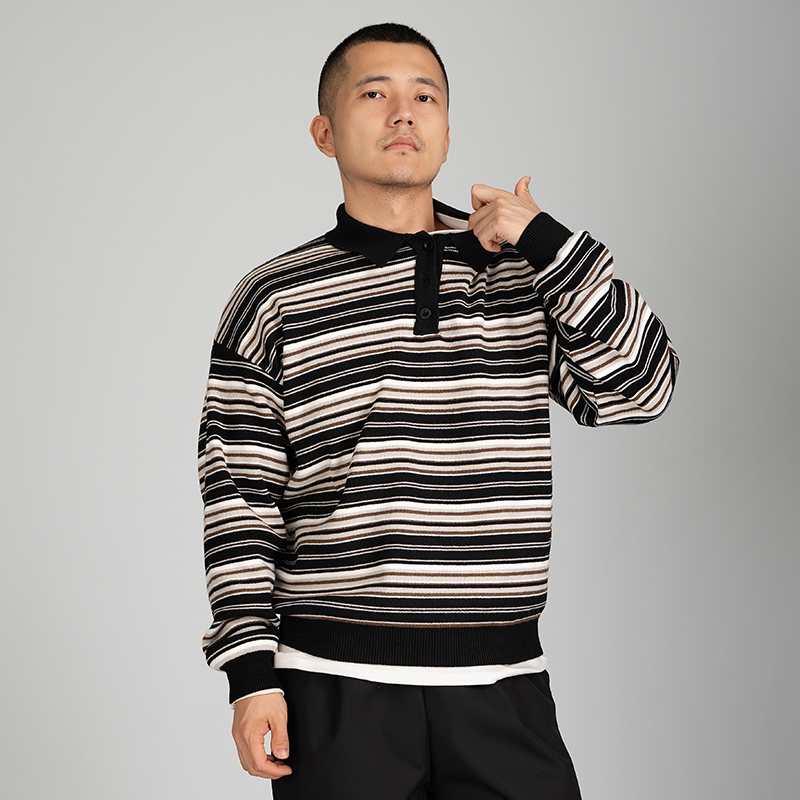 特惠【短身复古撞色条纹翻领毛衣polo】秋季针织衫宽松休闲长袖男款