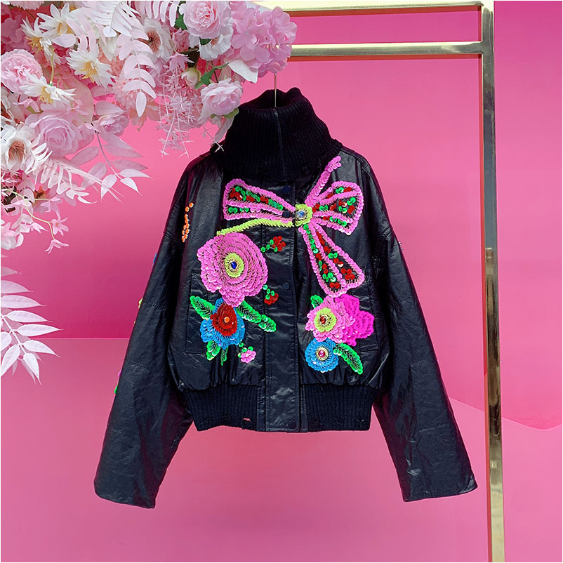 QD1763欧美设计师2025冬季新款重工钉钻刺绣花朵假两件皮羽绒外套