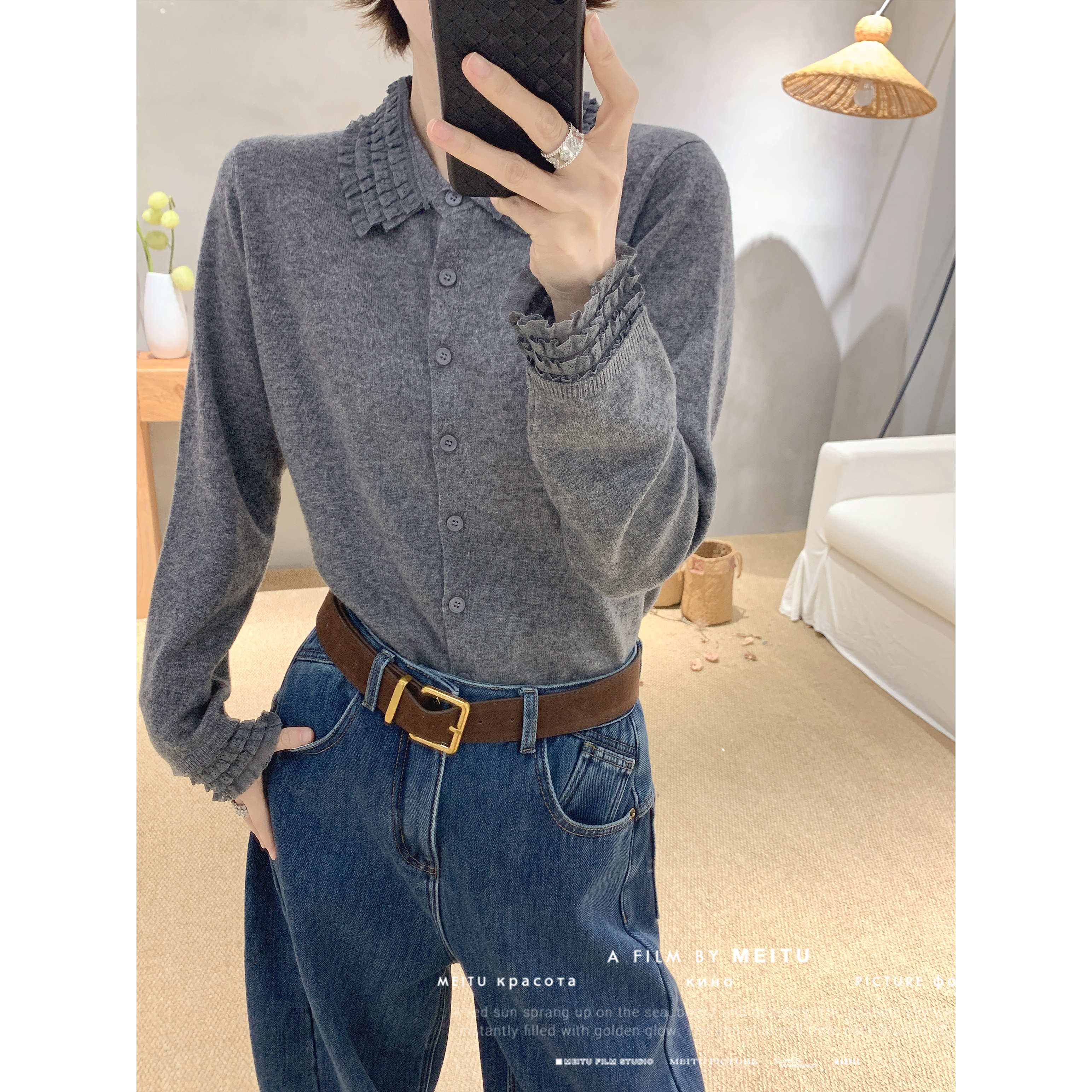 【骆小姐私服】年装新款蕾丝拼接全羊毛翻领毛衣宽松百搭针织上衣