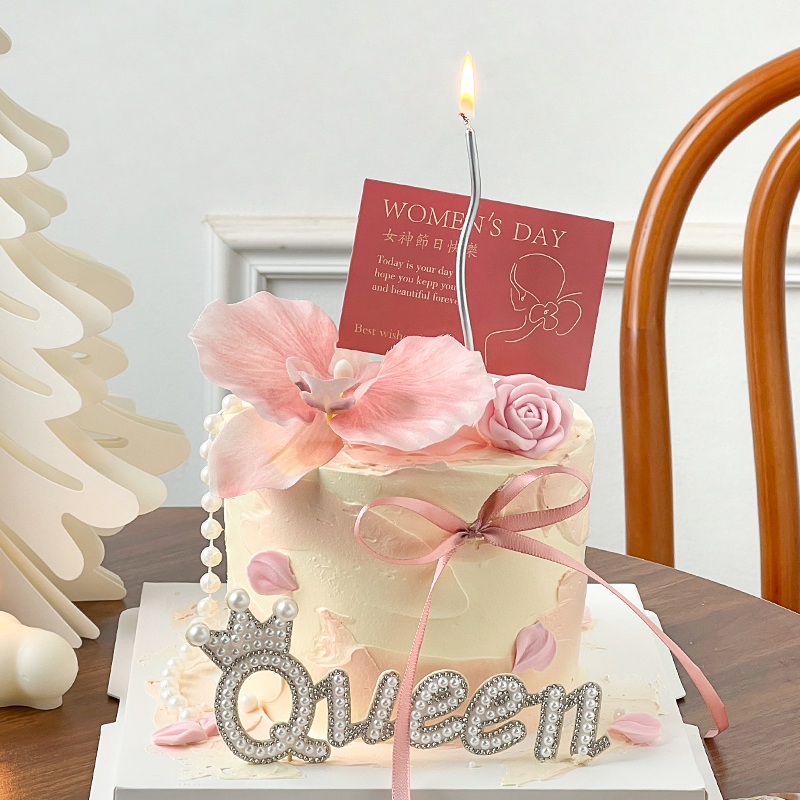 3.8女神节快乐唯美蛋糕装饰蝴蝶兰插牌摆件Queen女王节日珍珠插件