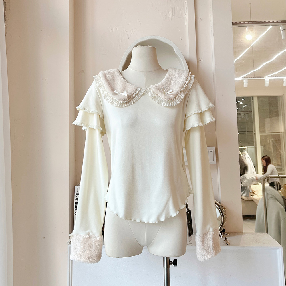 LHTE青青大码女装 秋冬法式磨毛蕾丝蝴蝶结立领冬内搭上衣C67895