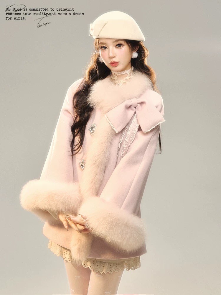 千金感甜美毛领粉色呢子大衣女秋冬季温柔蝴蝶结宽松短款毛呢外套