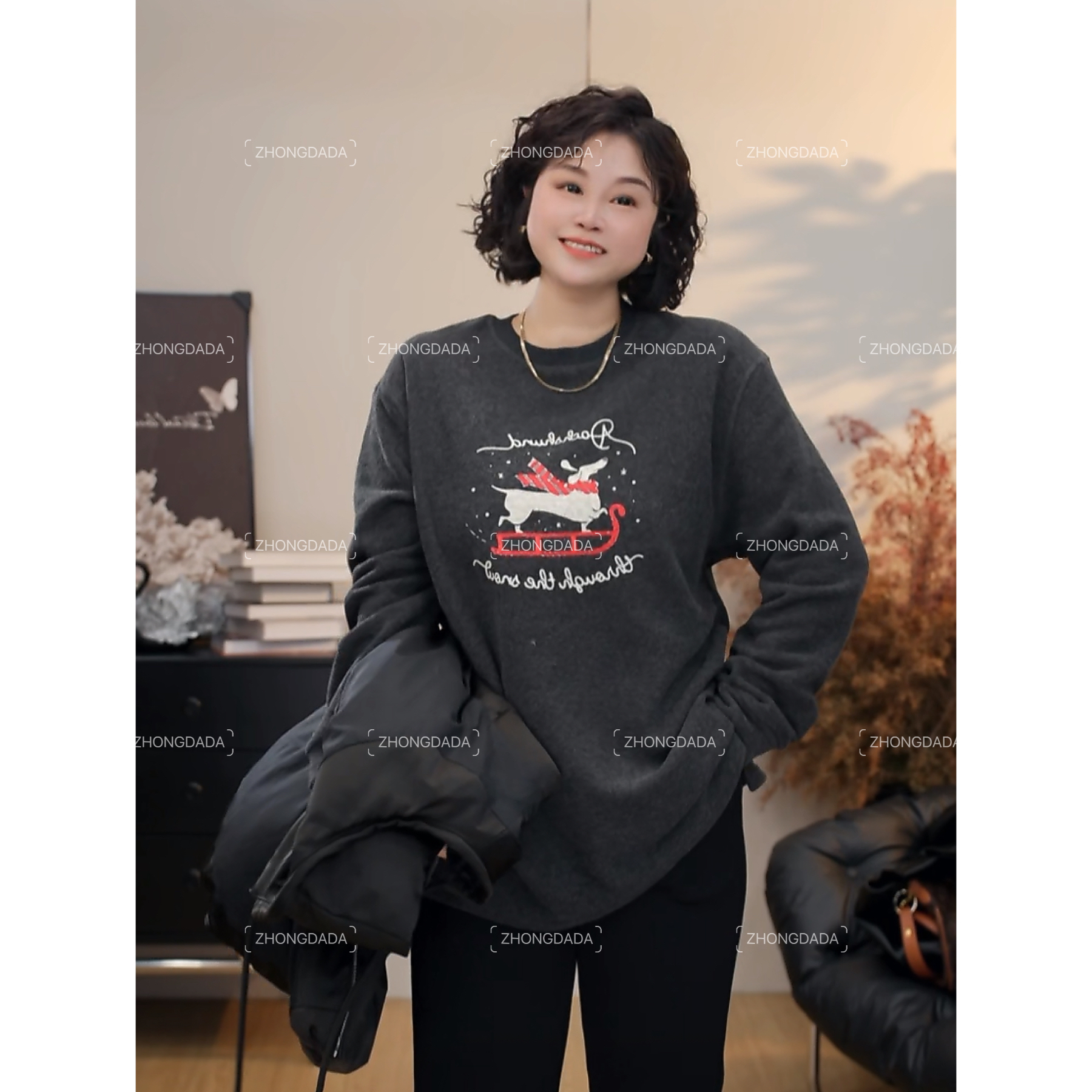ZHONG大大【】秋冬新款圆领宽松加厚慵懒风长袖上衣1036