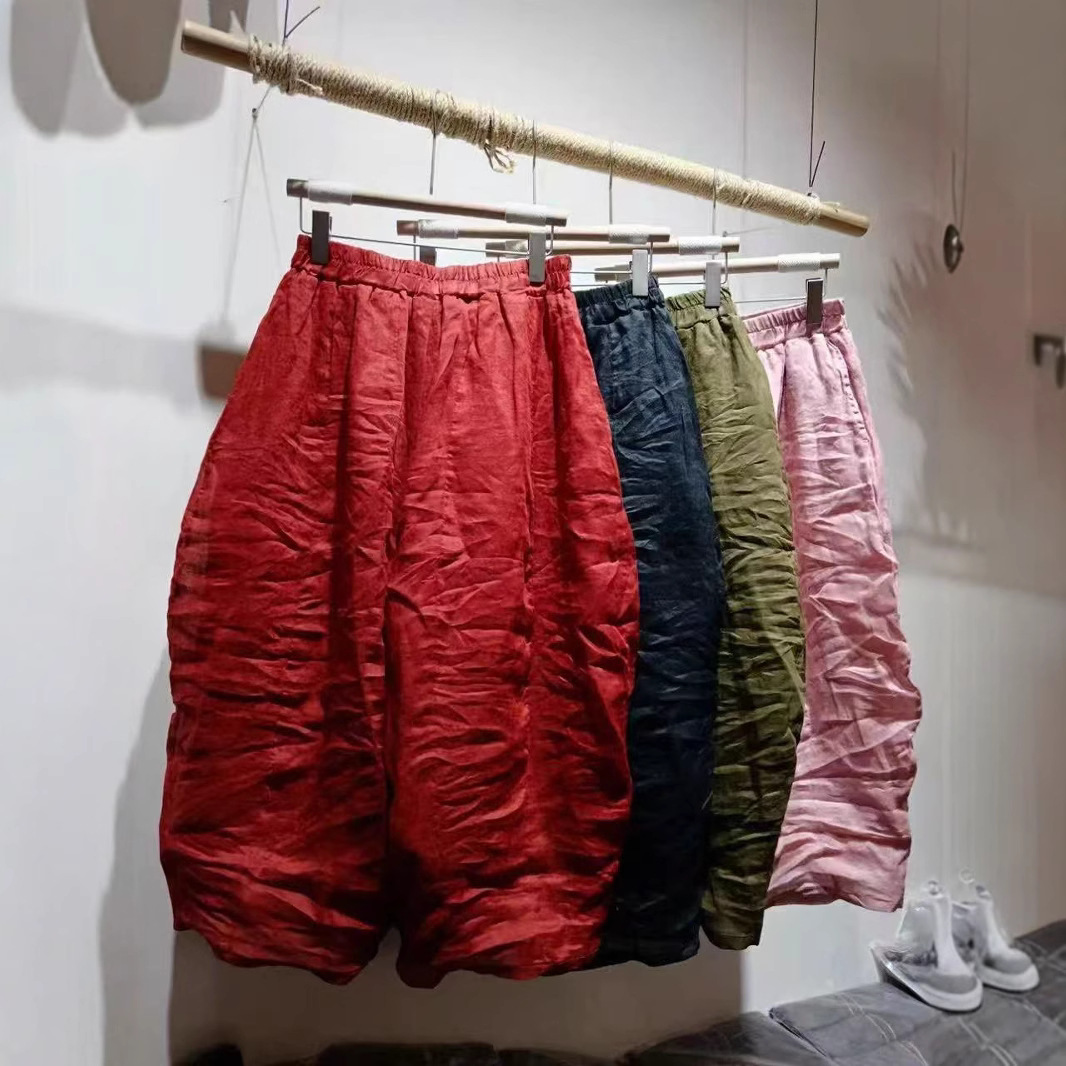 苎麻12片南瓜裤休闲裤百搭夏季松紧腰宽松