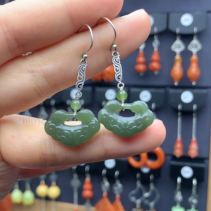 和田玉耳饰银S925镶嵌