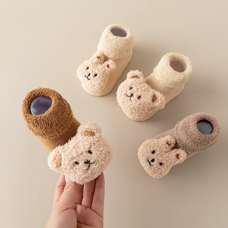 新生婴儿袜子冬季加厚毛圈绒保暖中筒棉袜子卡通防滑学步地板袜子