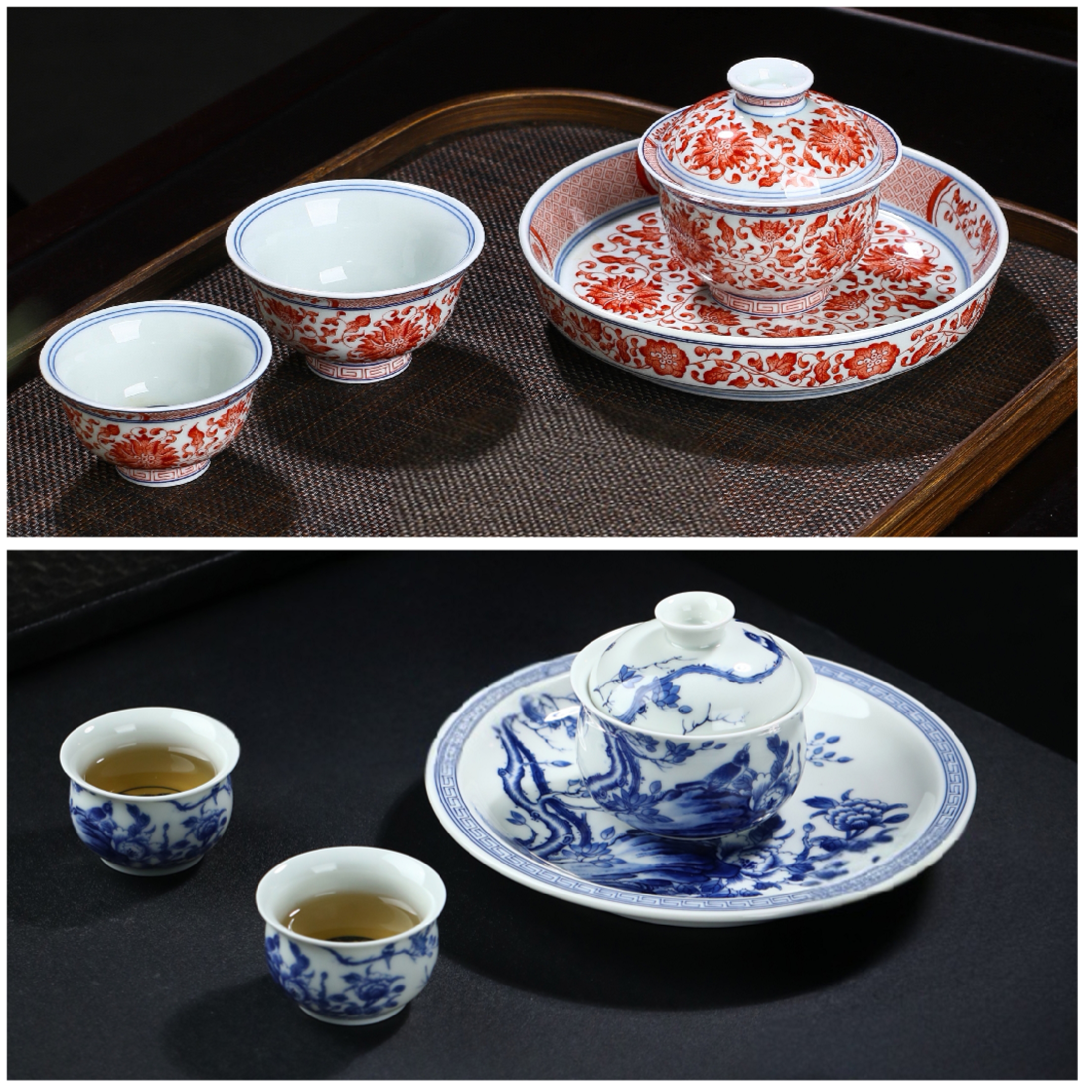 景德镇青花 全红缠枝莲4件组 喜上枝头4件组 陶瓷中式