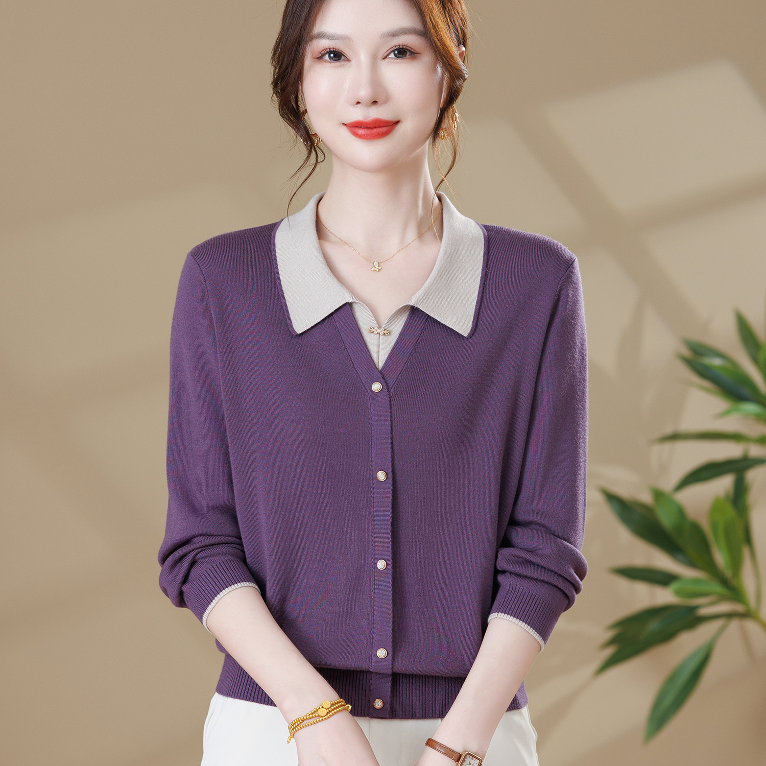妈妈洋气针织长袖上衣中年女春秋装假两件毛衣中老年遮肚打底小衫
