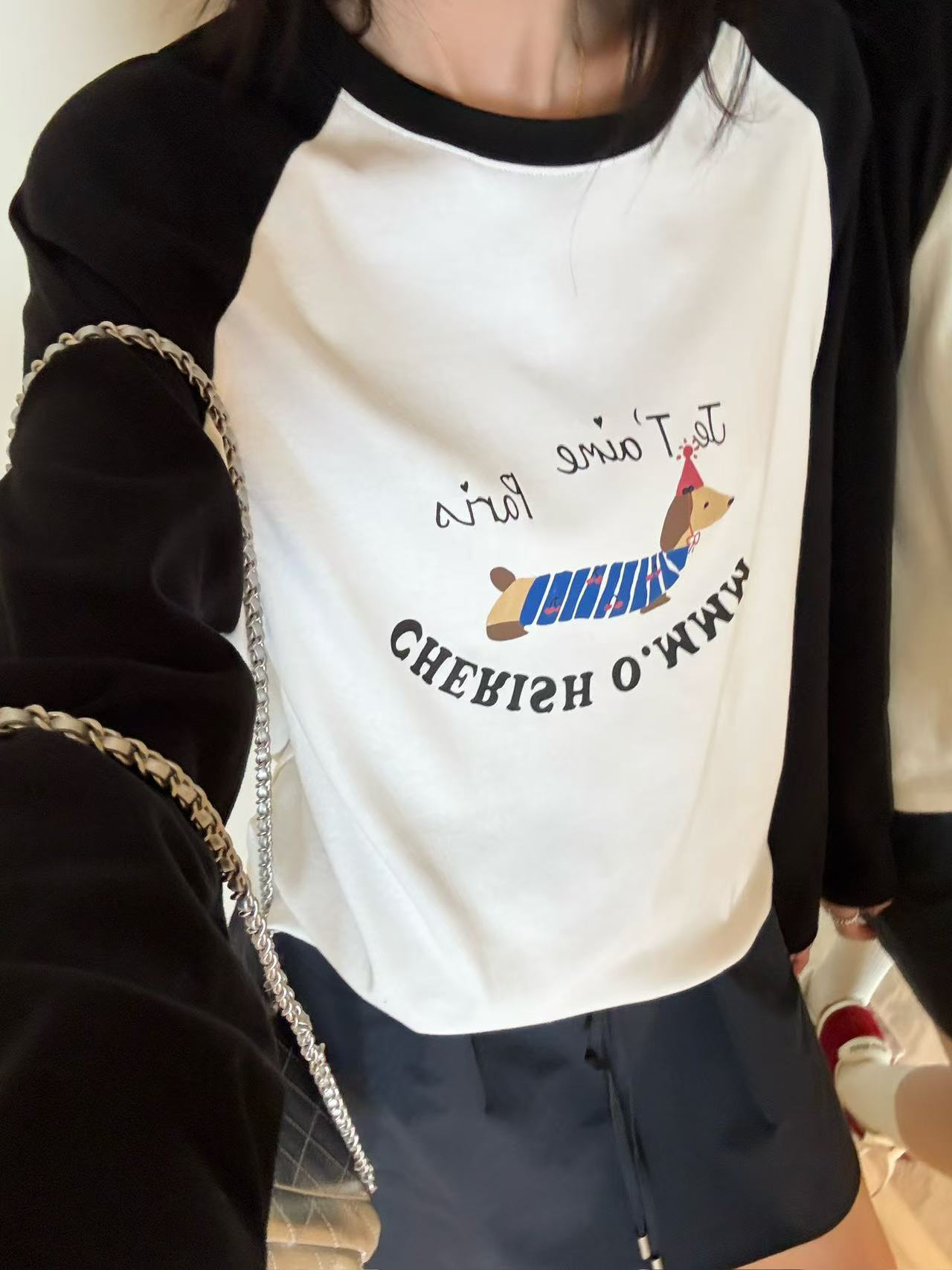 【SSOUHAN】春日花絮 韩版高街腊肠狗显瘦 拼接长袖T恤