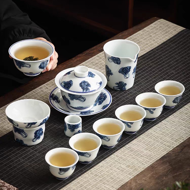 景德镇手工手绘釉下彩青花瓷白菜百财高端陶瓷茶具