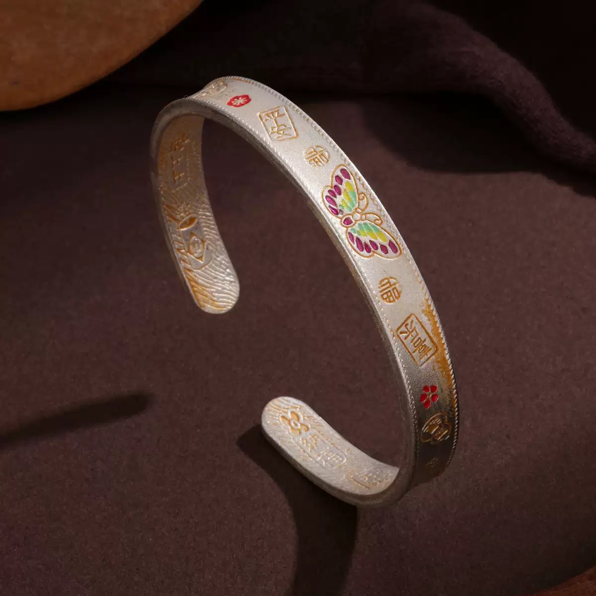 足银银制品 D48珐琅蝴蝶吉言手镯开口款