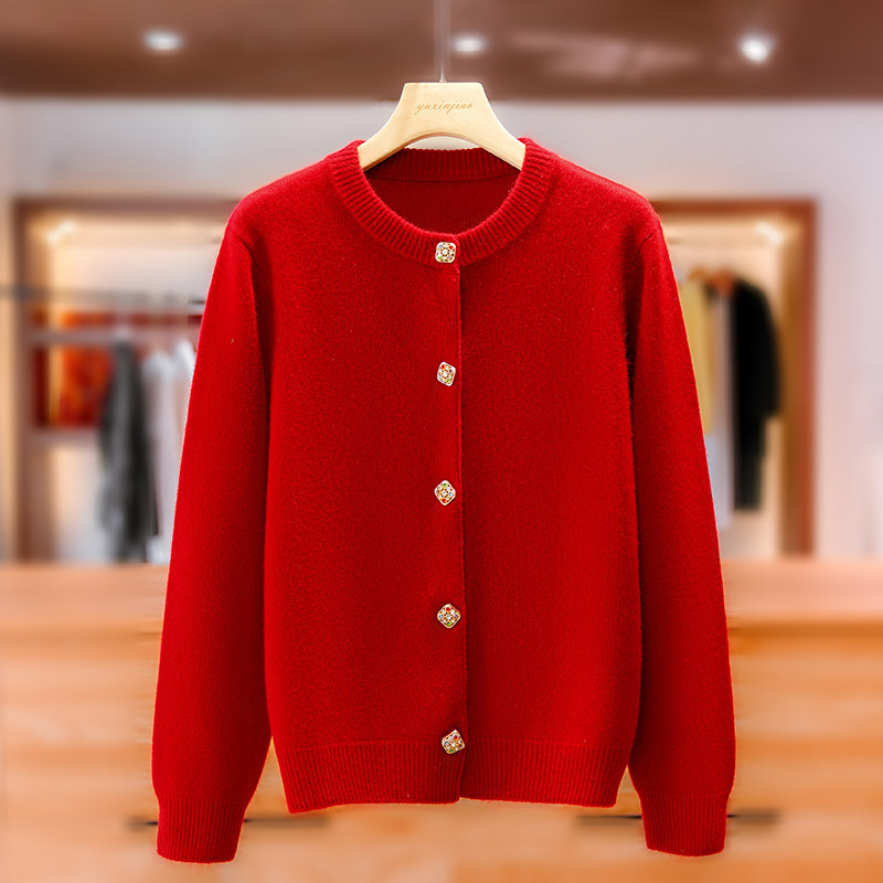 【100%山羊绒】彩扣钻针织开衫外套女