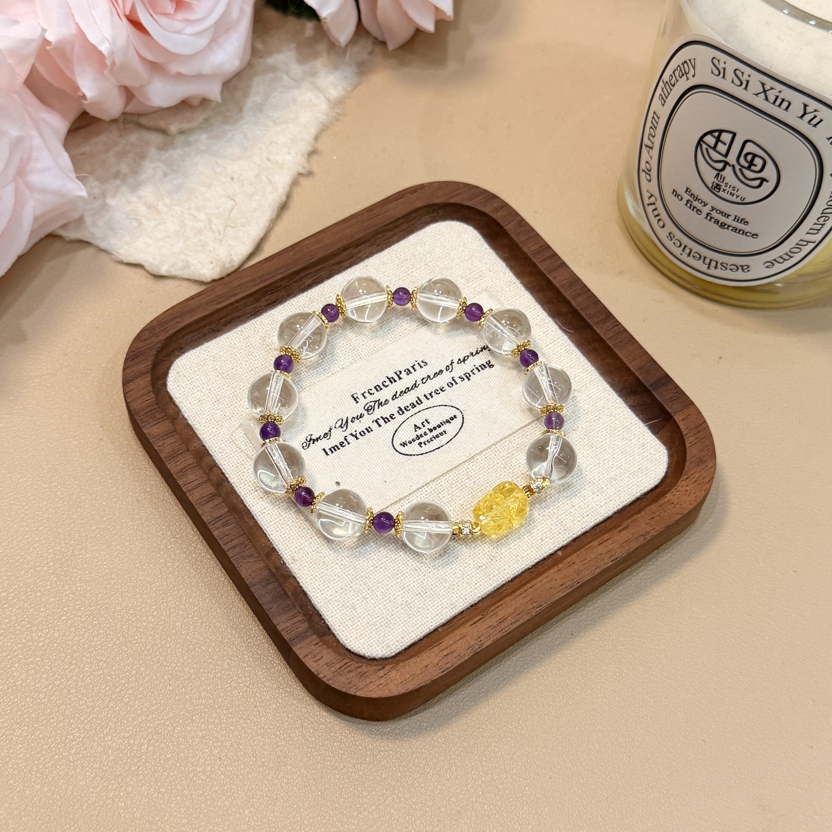 B102天然白水晶卡11.5mm加紫水晶黄水晶貔貅水晶手链