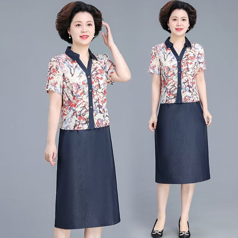 假两件牛仔裙薄款中长裙夏装印花裙子中老年女装时尚衬衫大码
