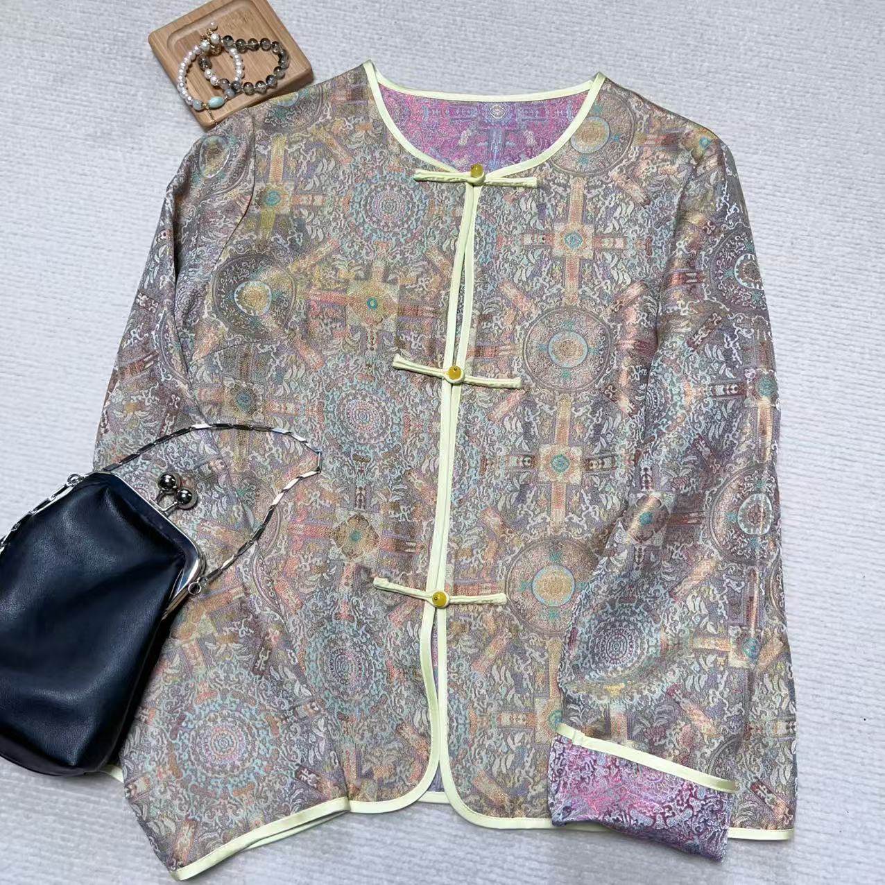 【小黑家】长57高端桑蚕丝复古撞色盘扣国风衬衫薄外套M61