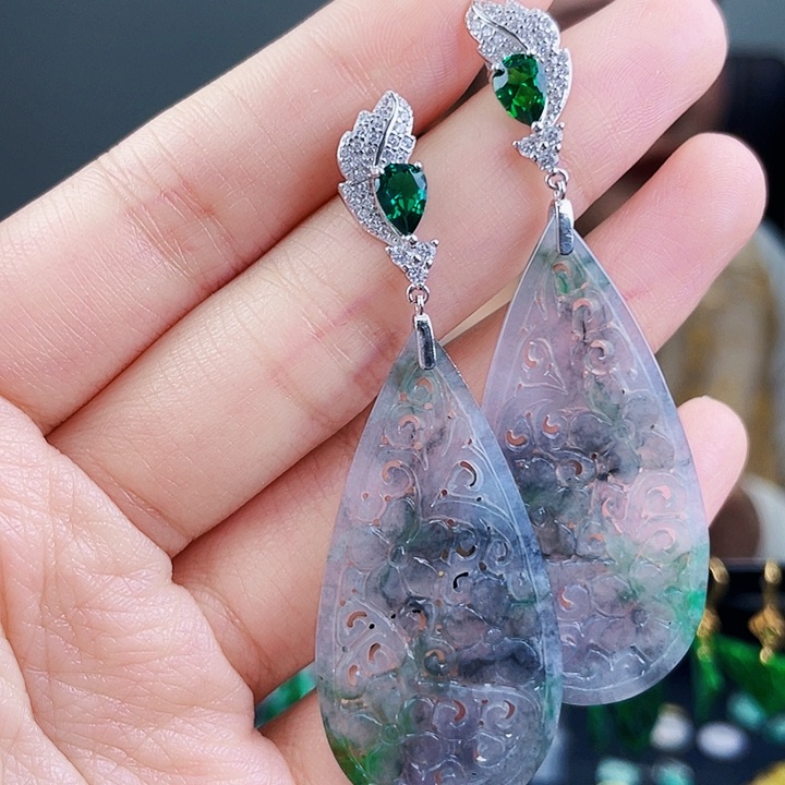 翡翠耳饰银S925镶嵌饰品