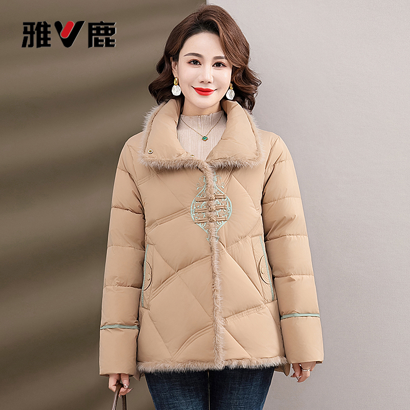 雅鹿甄选90%白鸭绒中老年女装羽绒服女士中长款秋冬宽松保暖外套