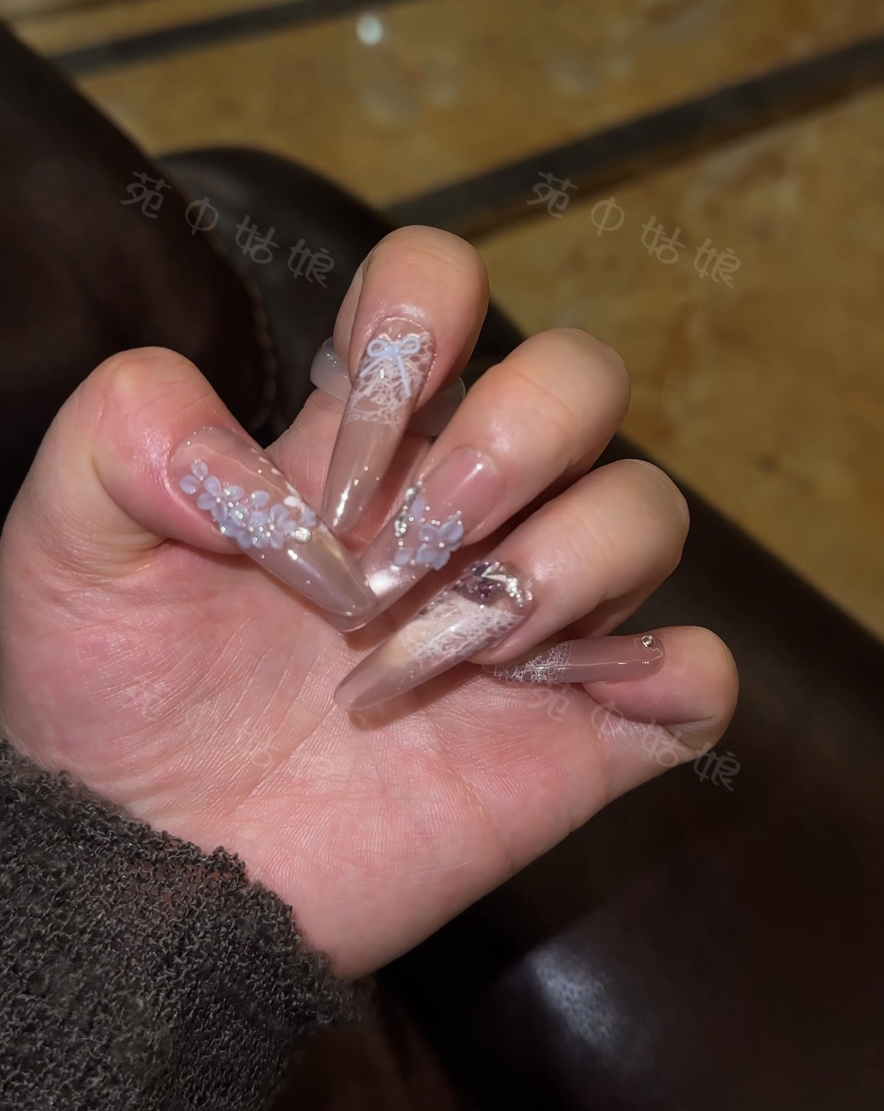【柔雾】猫眼手绘雕花-满手锆石华子小花-气质显白美甲纯手工穿戴甲