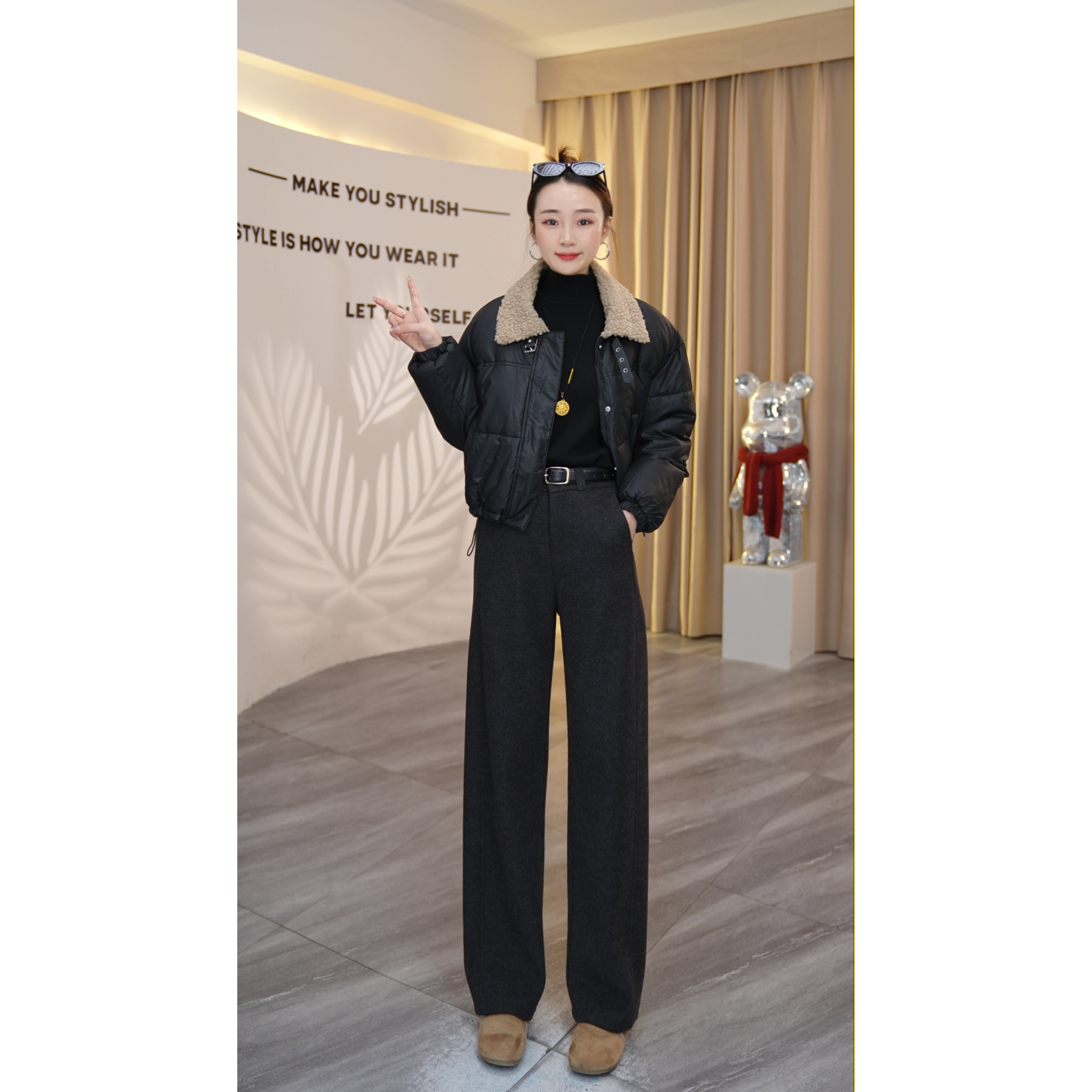 【冬季新款】加厚加绒弯刀裤女秋冬2025新款毛呢窄版直筒小弯刀1037