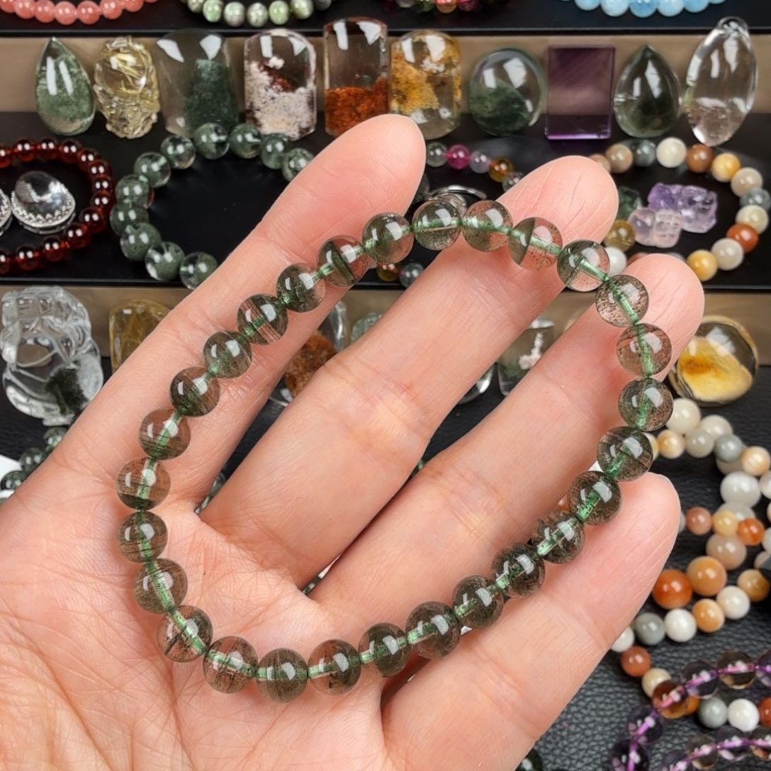 水晶手链未镶嵌汤****天然星闪绿幽灵步步高升千层