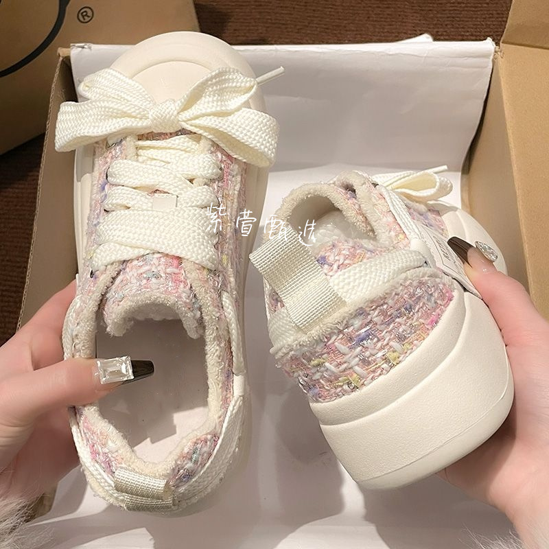 小香风小白鞋女高级感百搭厚底大头面包鞋2025春季新款帆布鞋板鞋