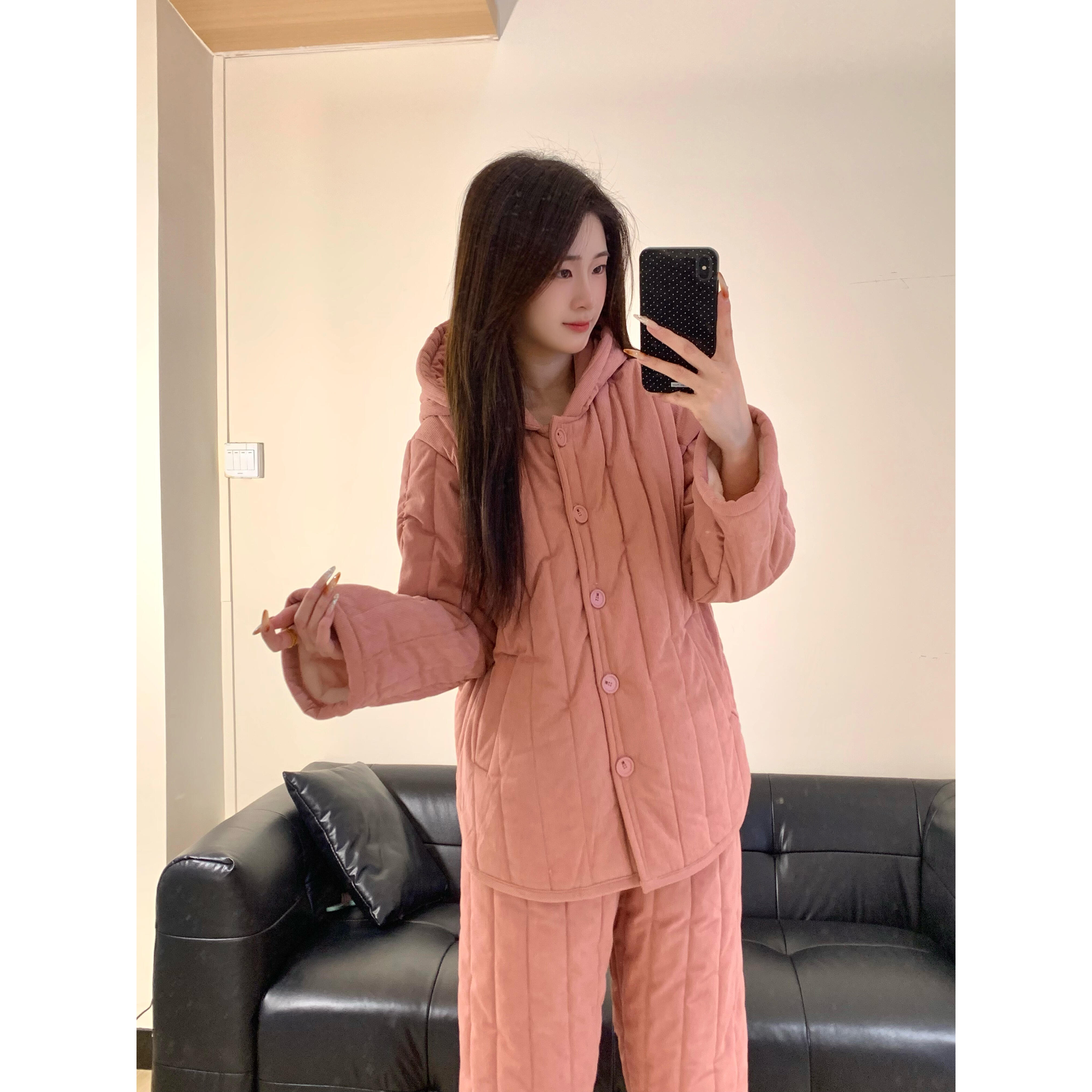 韩版简约可爱连帽夹棉睡衣女秋冬季新款大码加厚家居服套装可外穿