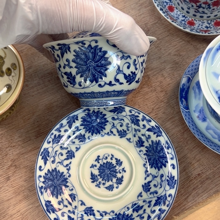 瓷片白青花缠枝莲元宝盖碗全品