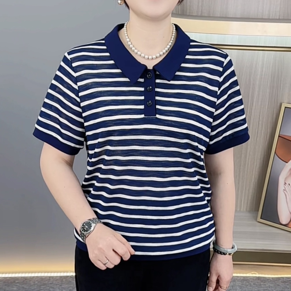 夏季新款时尚娃娃领条纹气质妈妈装宽松休闲百搭短袖上衣H186