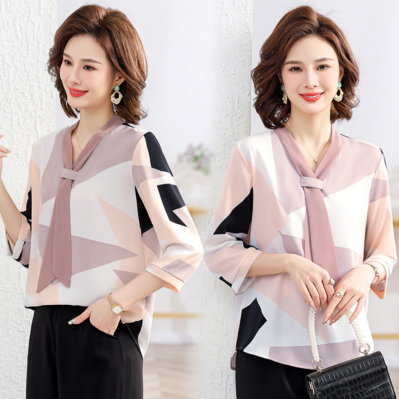 中年妈妈夏装上衣洋气雪纺系带衬衫40岁中老年人女小衫阔太太上衣