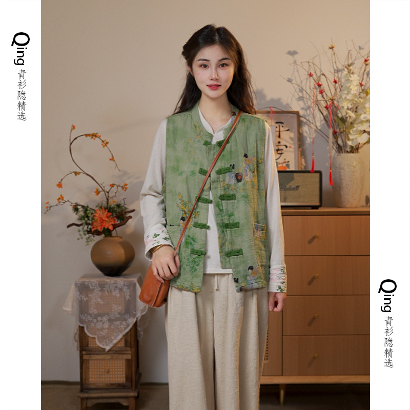 【印花马甲】新中式盘扣印花马甲女秋季宽松立领对襟坎肩外套6711