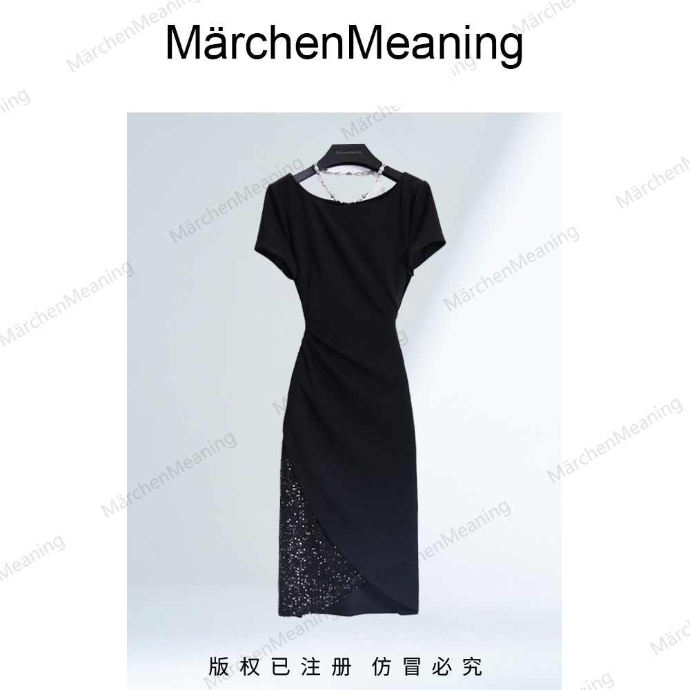 2025年夏季显瘦收腰名媛定纺纱线亮丝短袖连衣裙静静