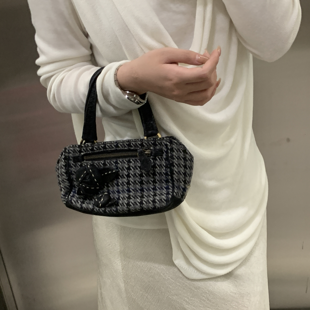 95新 Prada/普拉达 毛呢千鸟格波士顿手提包
