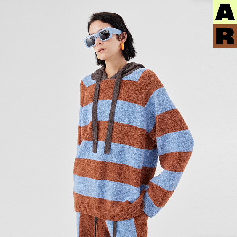 AR原创r线半拼色边绒套装家居服可外穿长袖保暖绒显瘦秋冬基础线