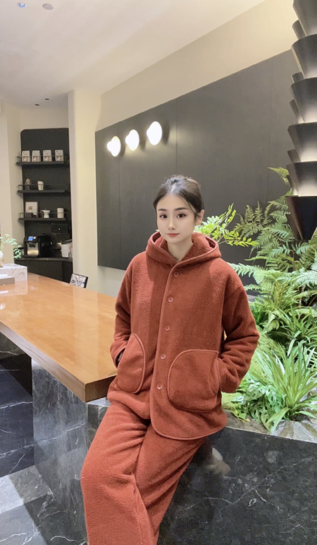 休闲松紧带冬季连帽保暖青年睡衣带帽家居服冬款纯色