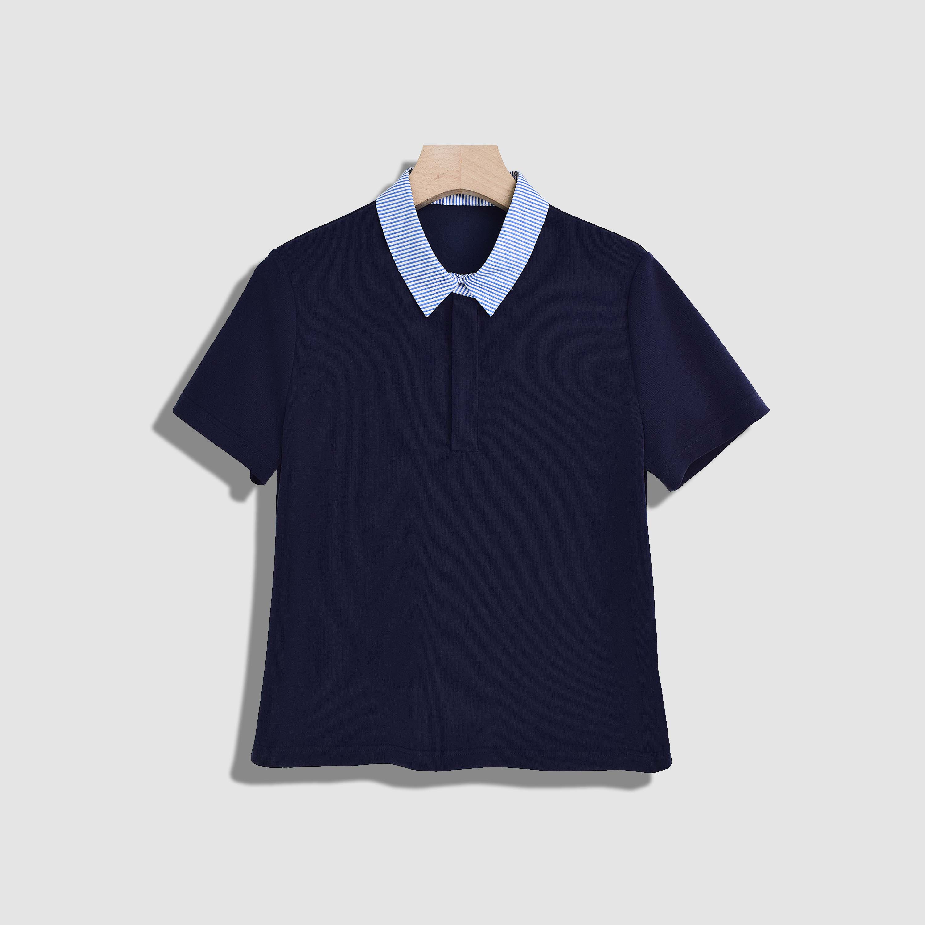 【菲儿】撞色条纹Polo领时尚百搭休闲T恤-Y17476