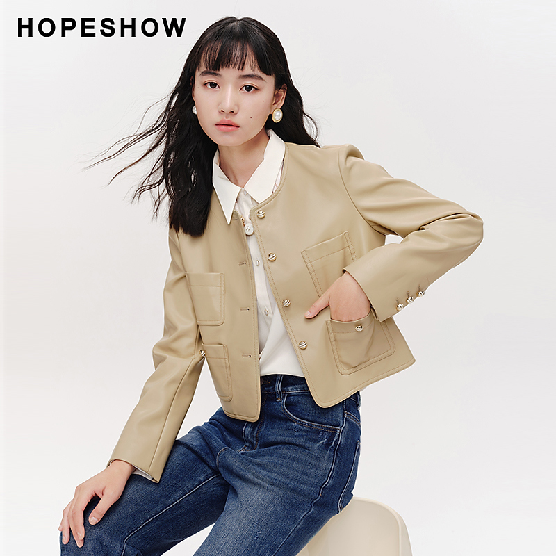 红袖春季2024新款女装 纯色香风单排扣圆领PU皮外套89124050420