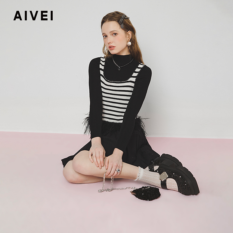 AIVEI欣贺艾薇2025春季内搭外穿黑白条纹背心无袖针织衫S714702A