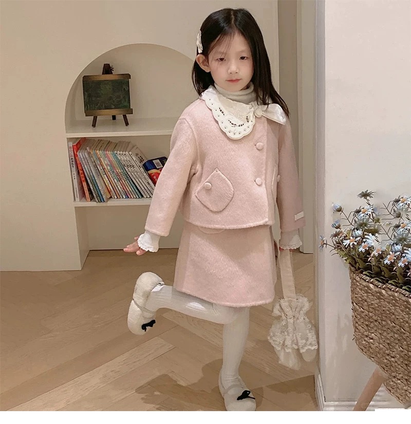 现货）壹妈童装女童小香风套装秋冬洋气儿童粉色外套半裙两件套