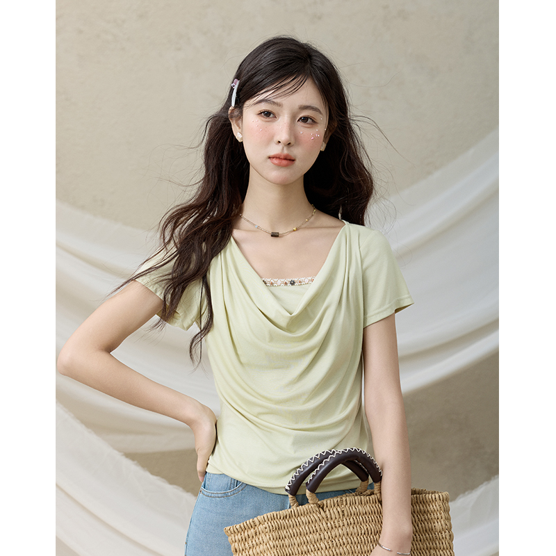  【年末大促】谜秀新品贝壳织带荡领针织t上衣  修身显瘦v领高级