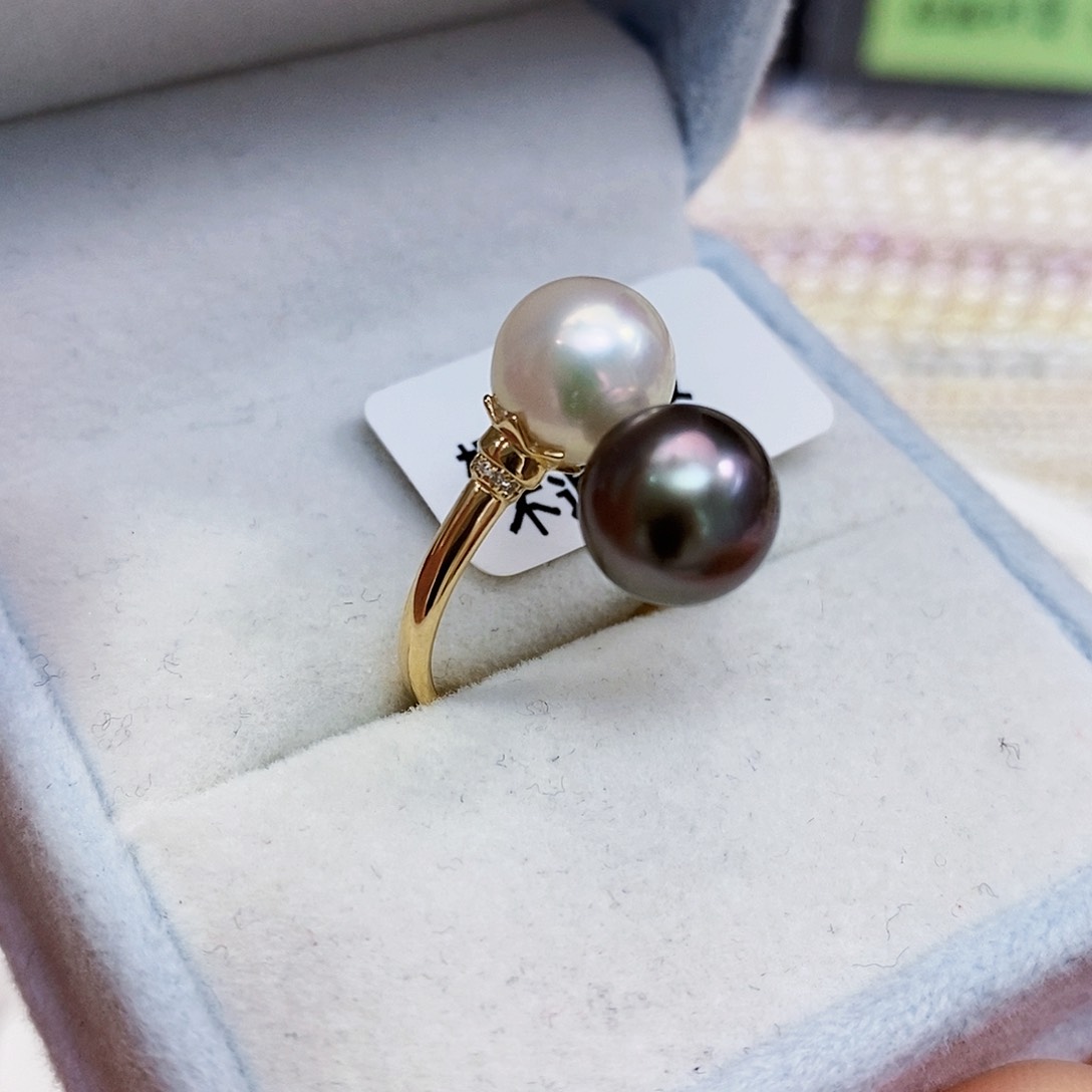 海水珍珠大溪地极光孔雀绿拉贡正圆无暇戒指18K金镶嵌