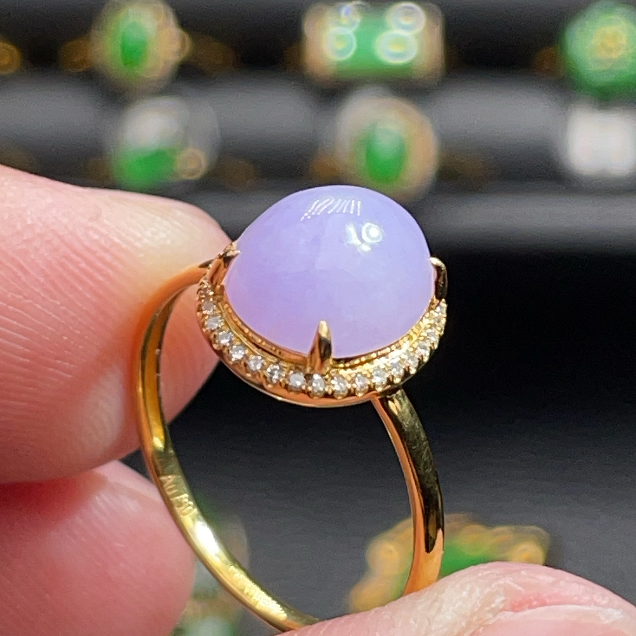 天然翡翠A货18K金-2380蛋面紫罗兰戒指K黄镶嵌钻石珠宝玉石简约
