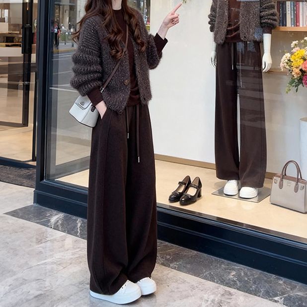 巨好看的秋冬一整套穿搭2026新款软糯V领针织开衫外套休闲裤套装