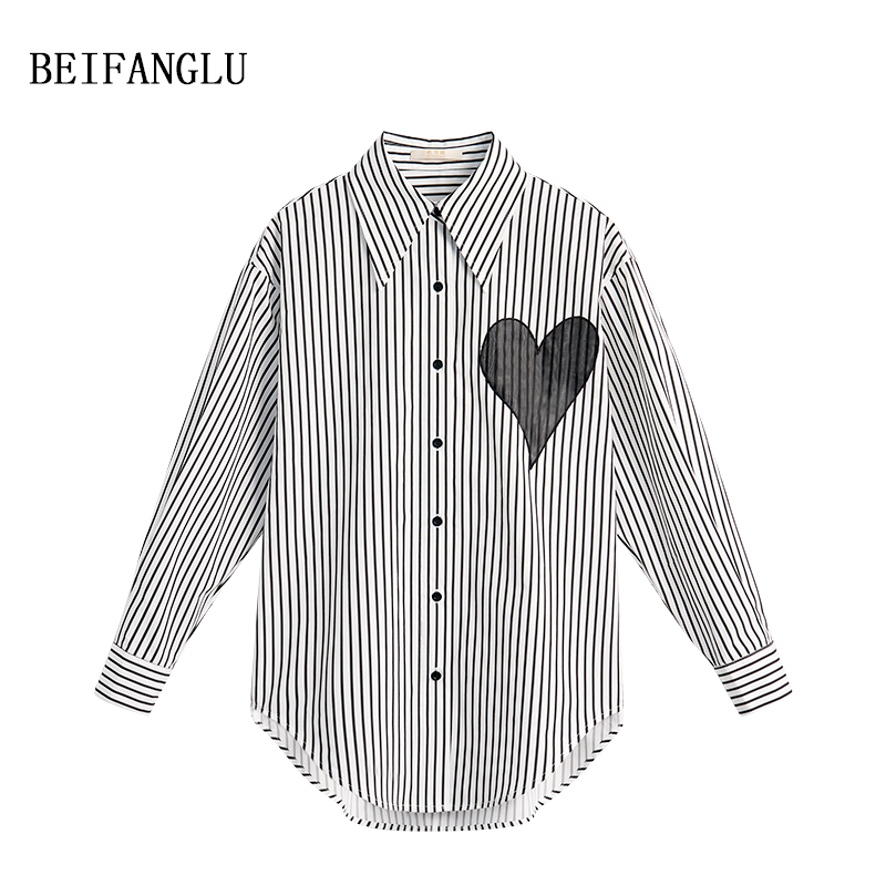 北方鹿【明星同款穿搭】法式廓版拼接爱心宽松显瘦条纹衬衫女25201